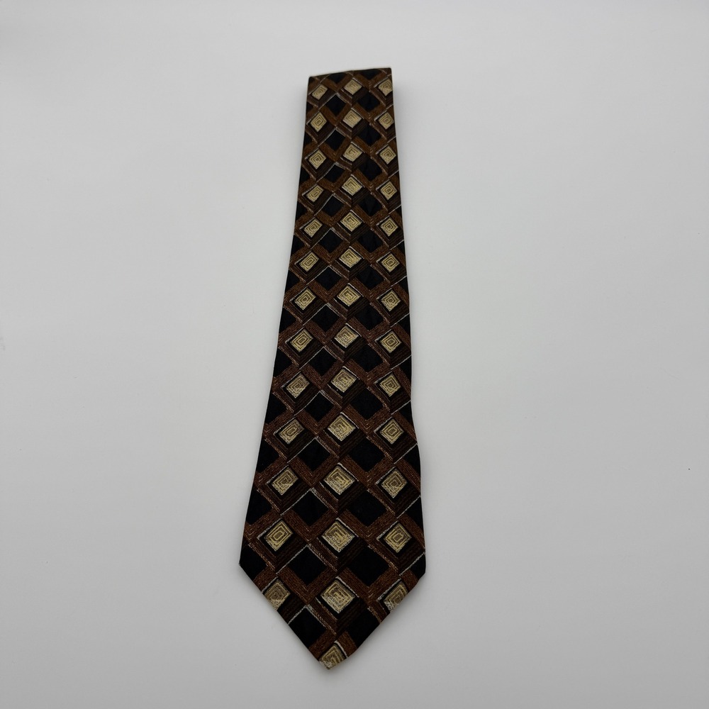 Fumagallis Silk Tie Mens Black Bronze Gold Geometric Diamond Hand Made in Spain